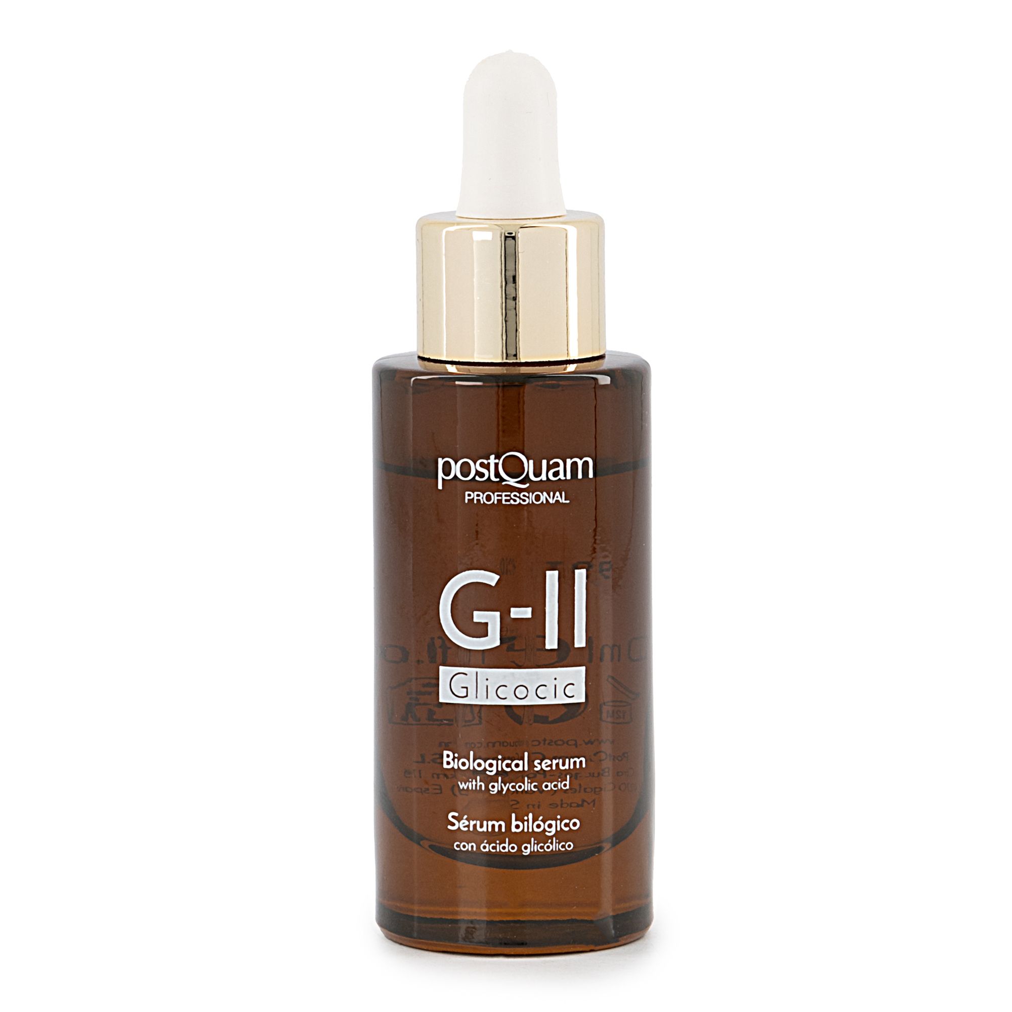 Flacone di siero marrone con contagocce bianco. Scritta: PostQuam Professional, G-II Glicolic, Biological serum with glycolic acid.