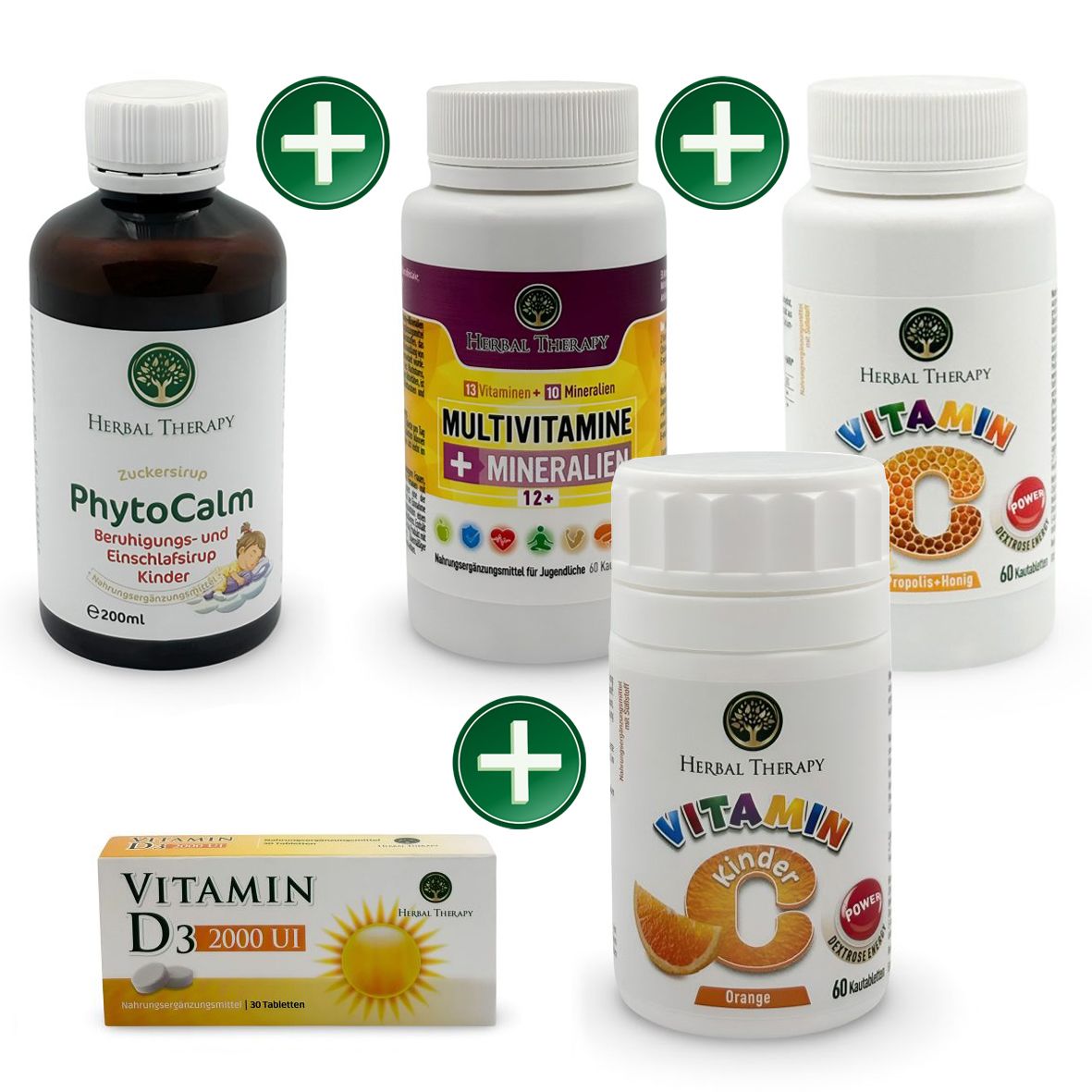 Vari prodotti Herbal Therapy Vitamin-BOOSTER für Kinder. Bottiglie e confezione di compresse con nomi e loghi, con segni più verdi.