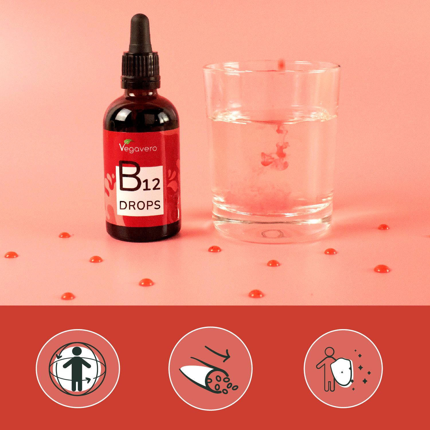 Bottiglia e gocce in un bicchiere d'acqua. Gocce rosse nell'acqua. Tre icone: umano, vaso sanguigno, scudo.