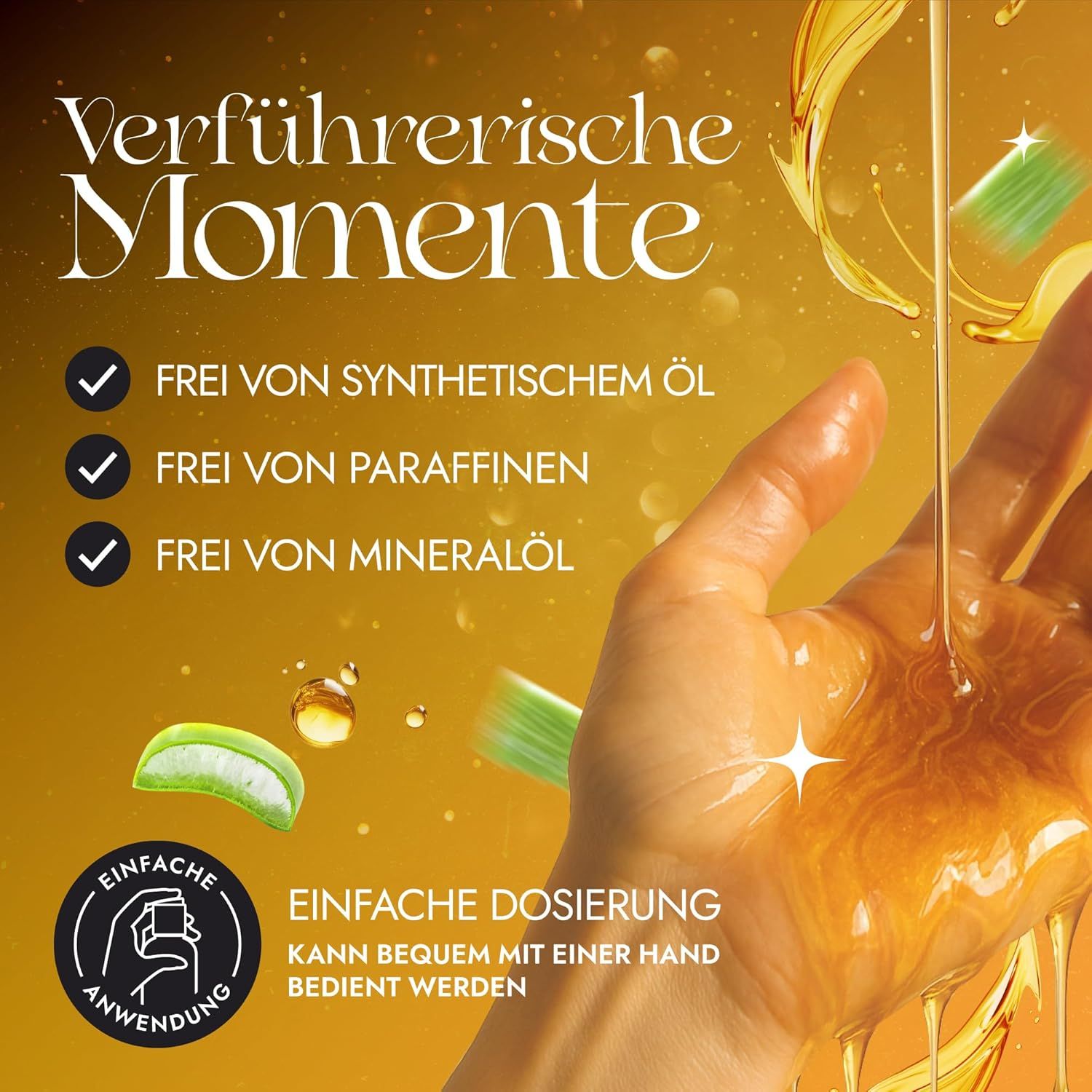 Una mano versa olio da massaggio LOOVARA, privo di olio sintetico, paraffine e olio minerale.