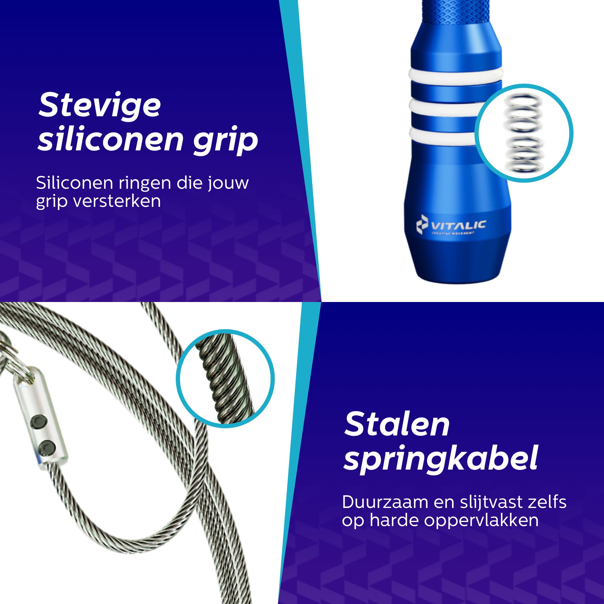 Manico blu con strisce bianche. Testo: Stevige siliconen grip. Cavo in acciaio. Testo: Stalen springkabel.
