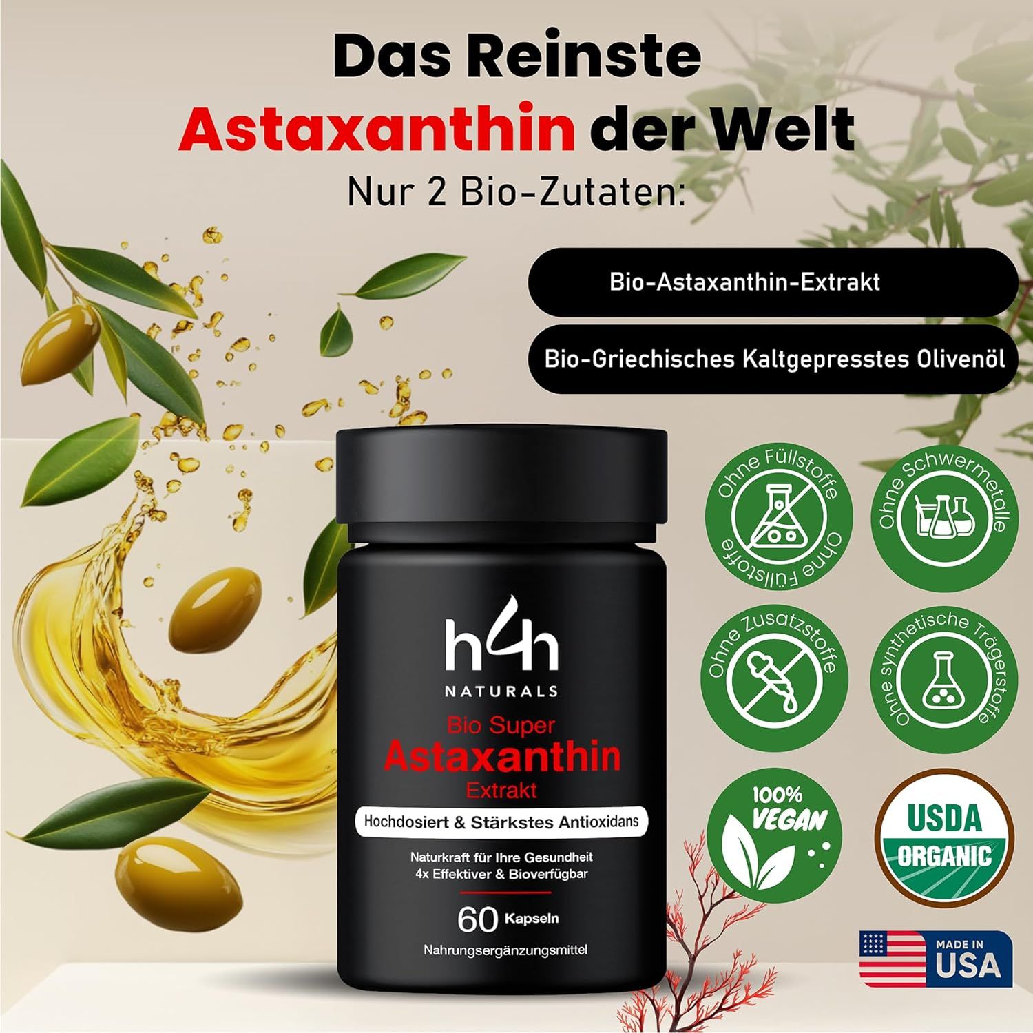 Flacone nero con estratto H4H Naturals Bio Super Astaxantina. 60 capsule. 100% vegano. Sigillo USDA Organic.