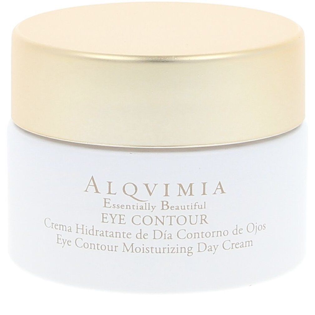 Vasetto di crema bianco con coperchio dorato. Scritta: ALQVIMIA, EYE CONTOUR, Creme Hidratante de Día Contorno de Ojos.
