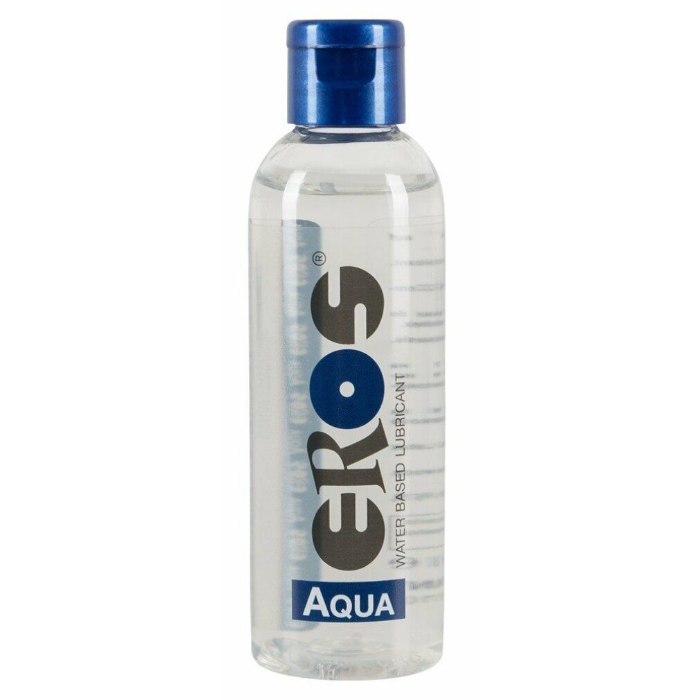 Flacone trasparente con tappo blu. Scritta: EROS, AQUA, Water Based Lubricant.