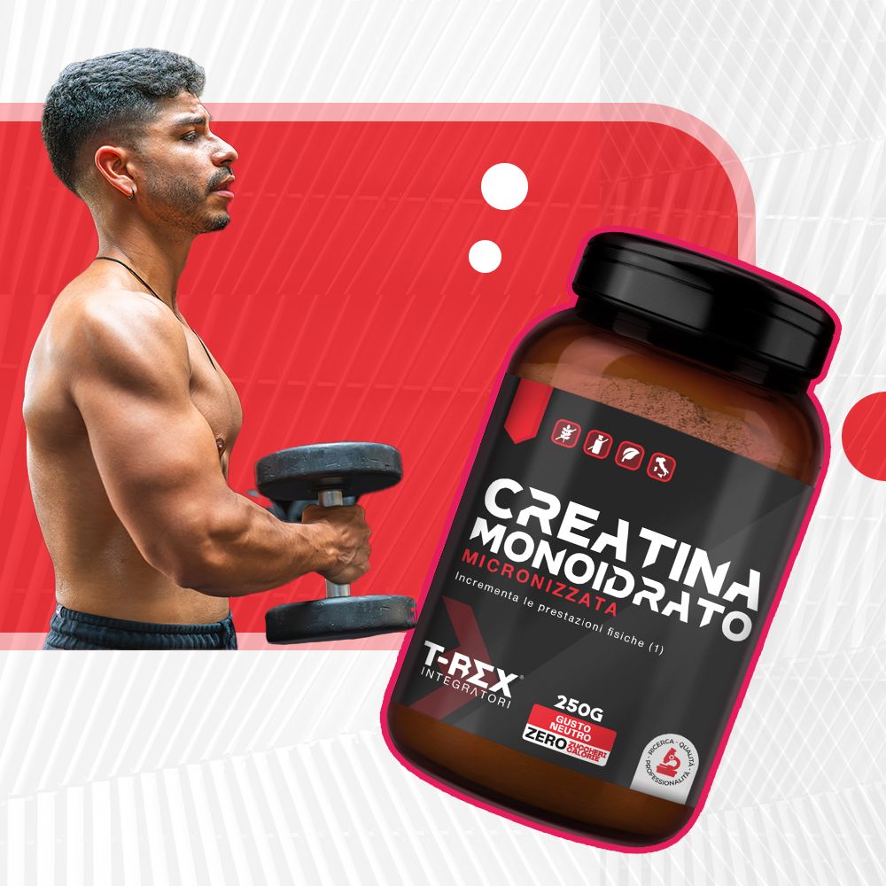 Barattolo marrone di Creatina Monoidrato in polvere T-Rex Integratori, 250g.