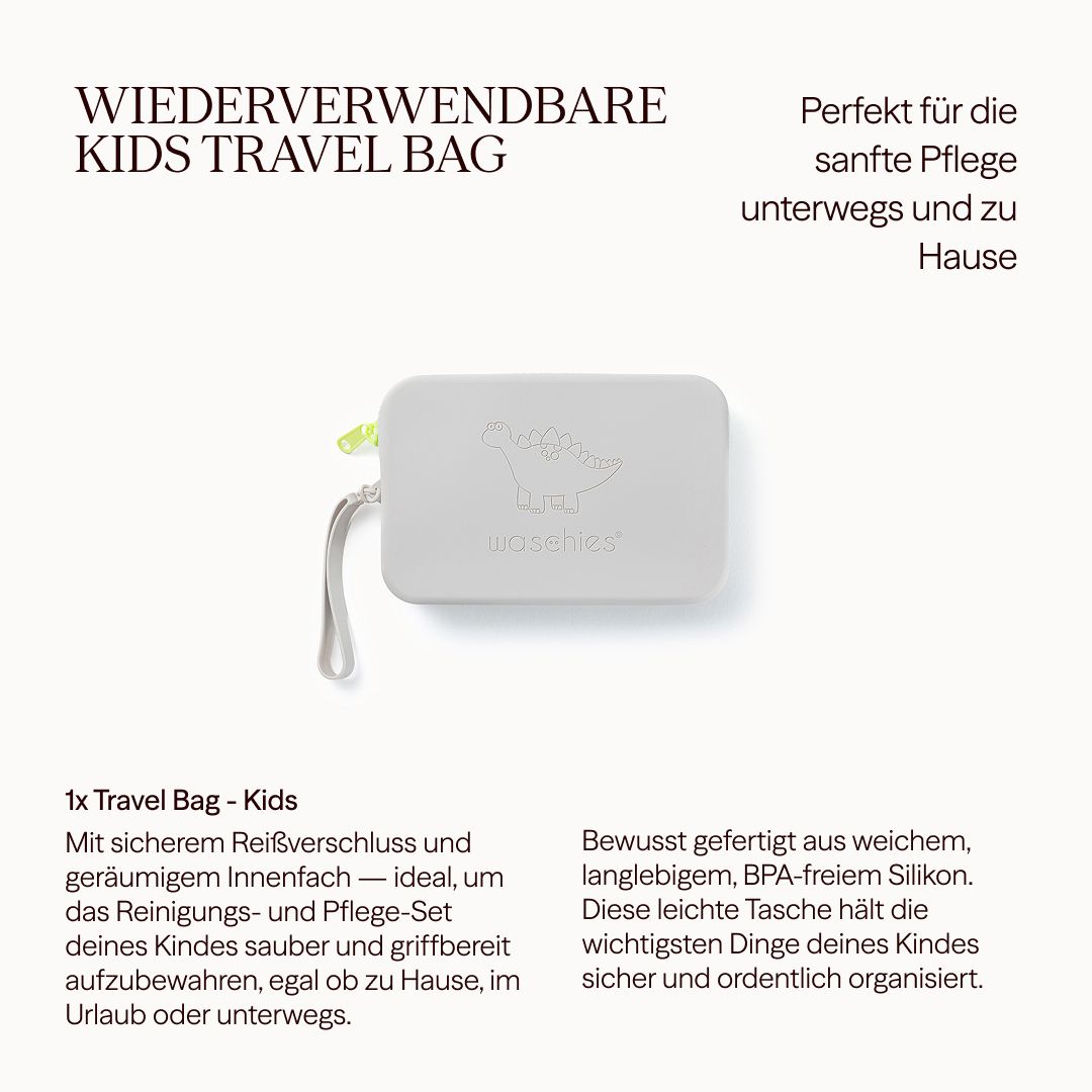 Borsa grigia rettangolare con cerniera e passante. Testo: Kids Travel Bag riutilizzabile.