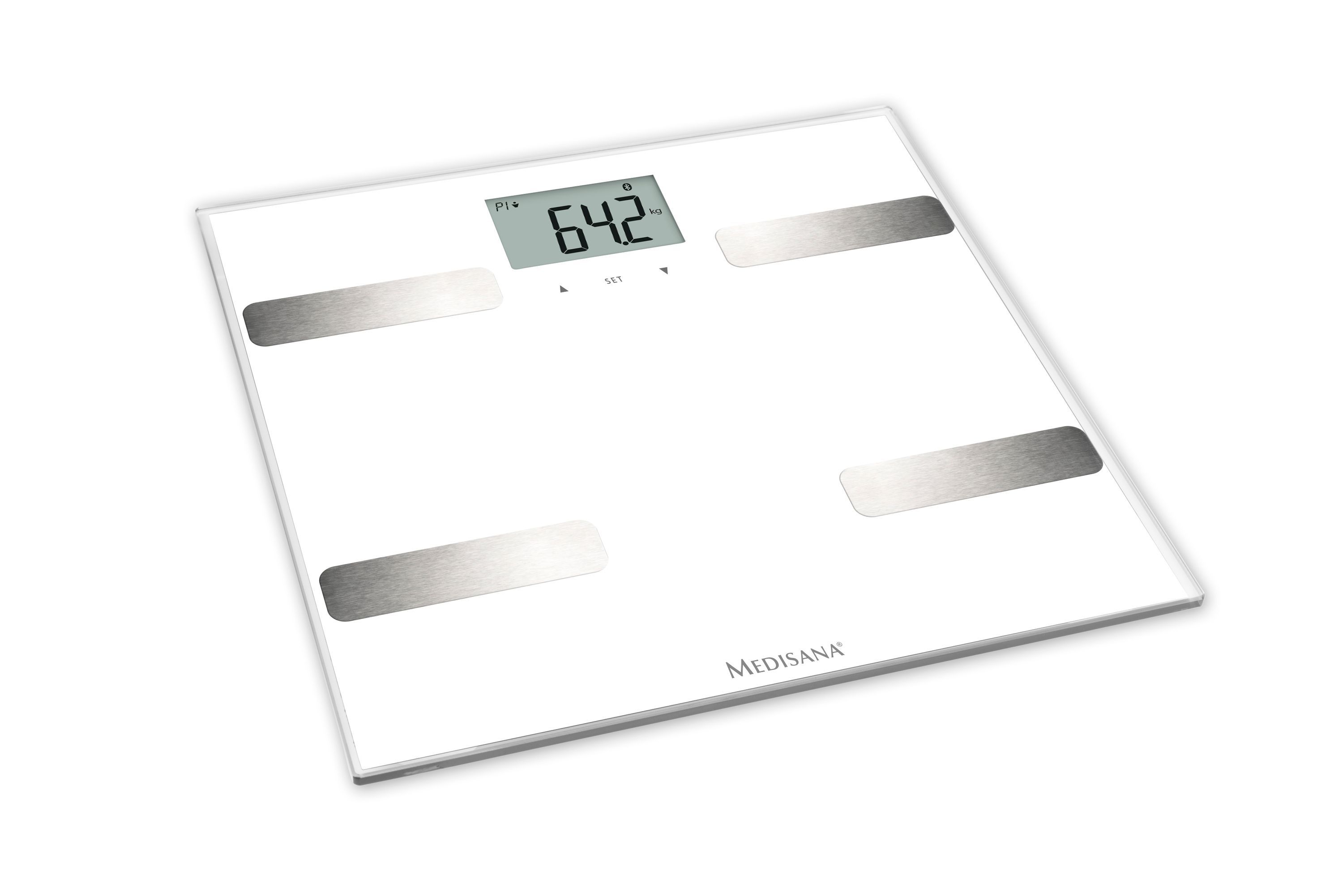 Bilancia analisi corporea bianca con display. Peso: 64,2 kg. Logo Medisana. Quattro superfici metalliche. Vista obliqua.