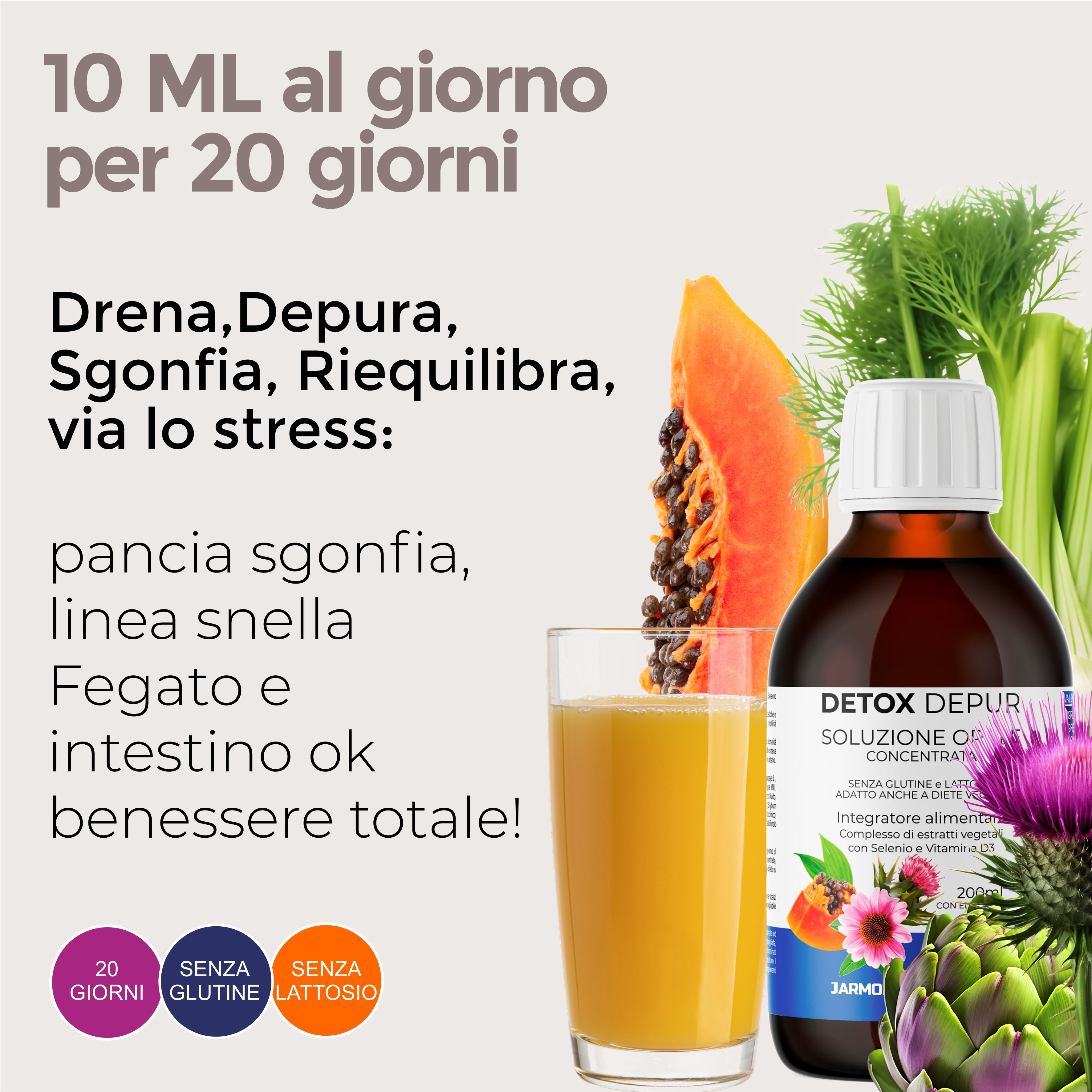 Bicchiere con bevanda gialla, flacone Detox Depur, papaya, cardo, verdure. Testo: 10 ml al giorno per 20 giorni.