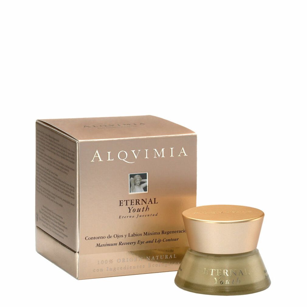Confezione e vasetto di crema dorati. Scritta: ALQVIMIA, Eternal Youth. Vasetto di crema con coperchio dorato.