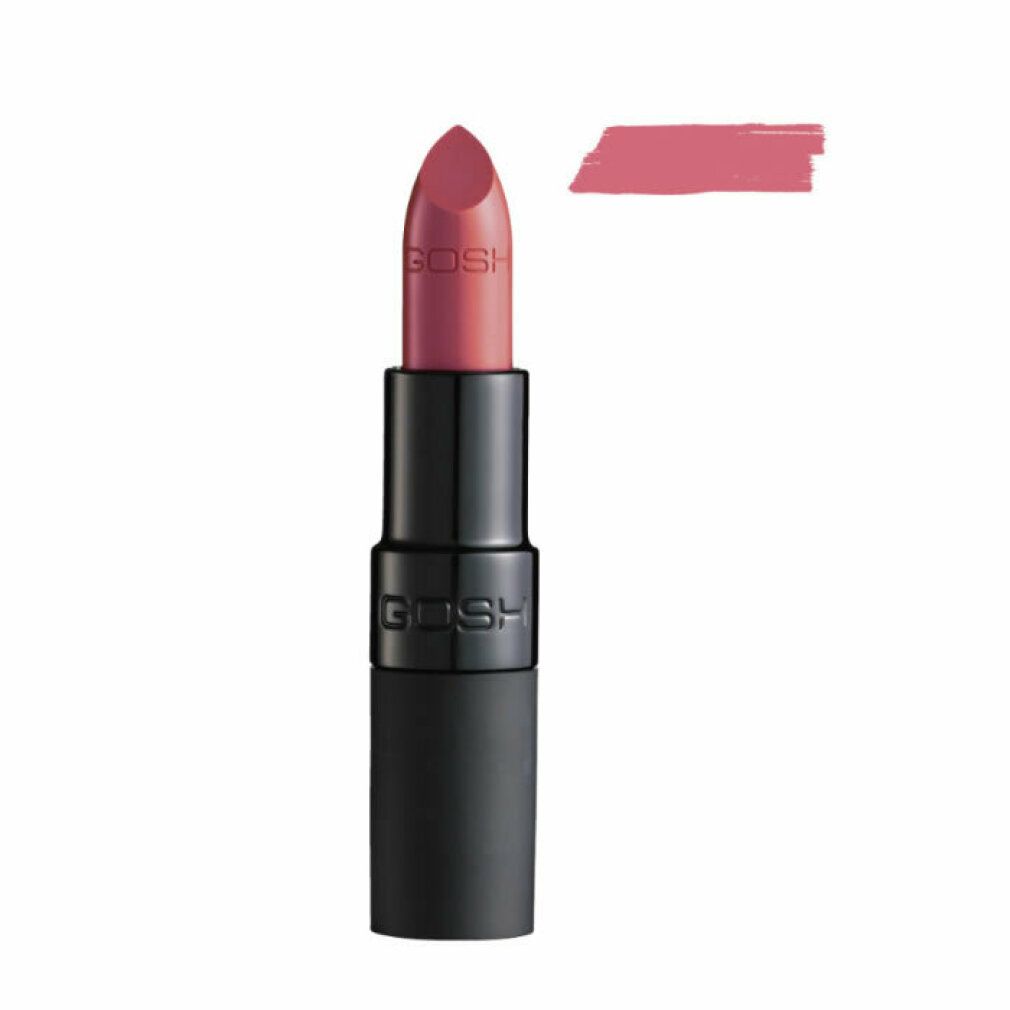 Rossetto Gosh Velvet Touch 010 Matt Smoothie. Rossetto rosa con campione di colore. Marchio Gosh.