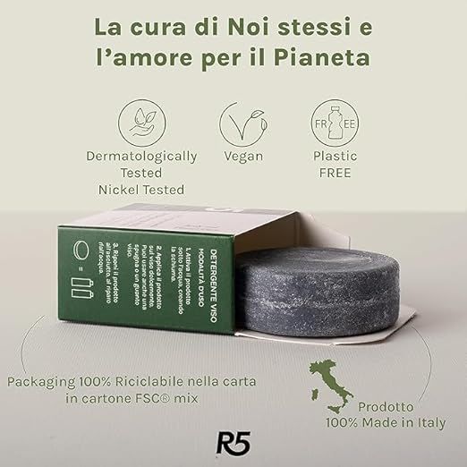 Detergente Viso Solido in scatola. Vegano, dermatologicamente testato, nickel tested. Packaging FSC-Mix. Made in Italy. Logo R5.