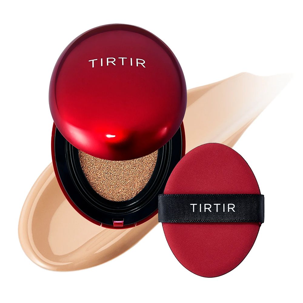 Contenitore TIRTIR rosso aperto con fondotinta e applicatore rosso.