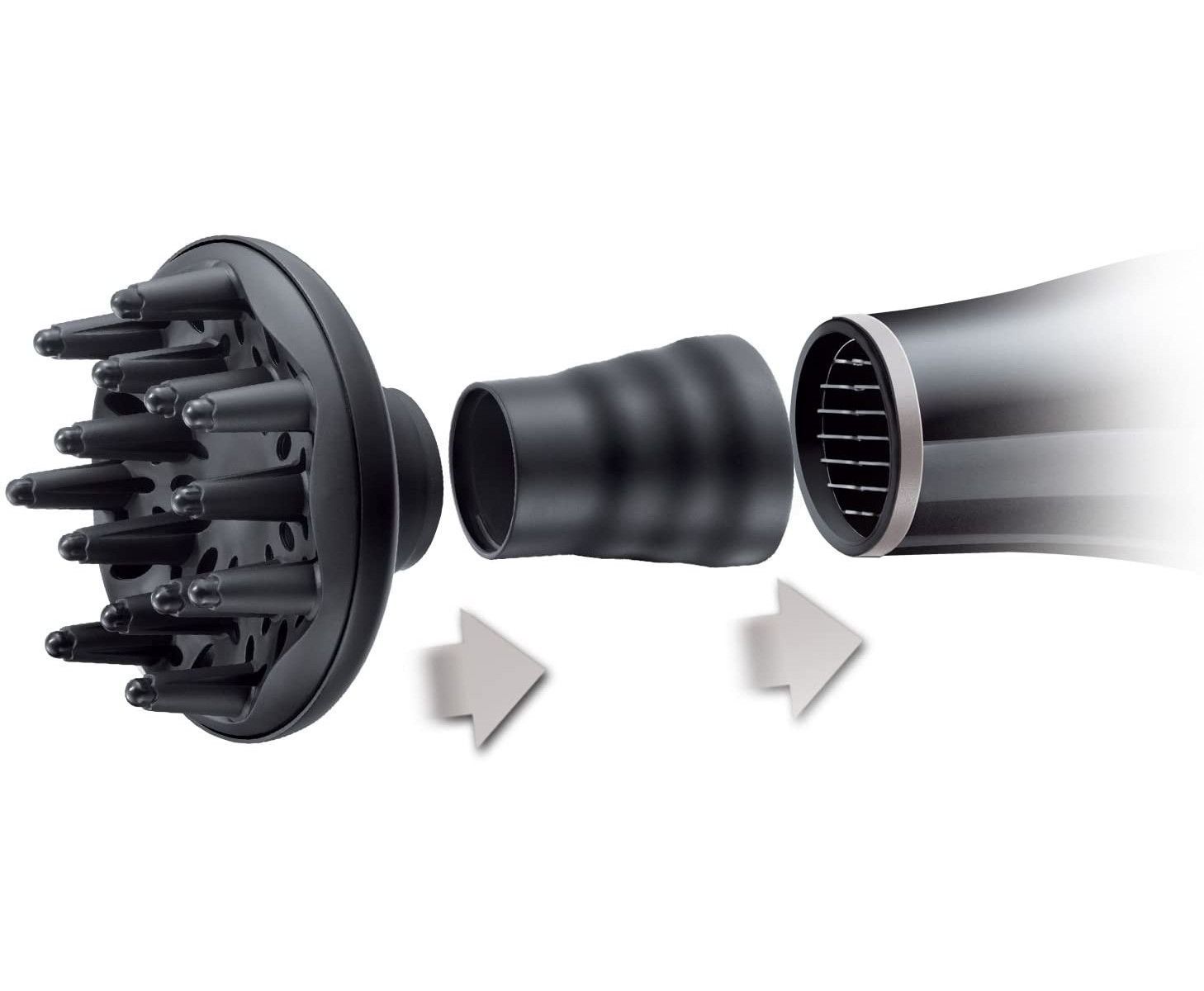 Diffusore nero smontato. Frecce indicano il montaggio. L'accessorio ha numerosi piccoli denti conici.