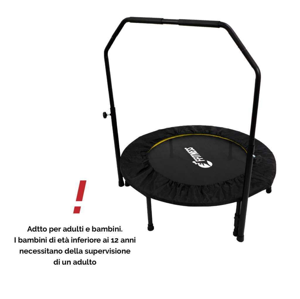 Trampolino rotondo con maniglia. Avvertenza: i bambini sotto i 12 anni necessitano di supervisione. Logo FFitness.