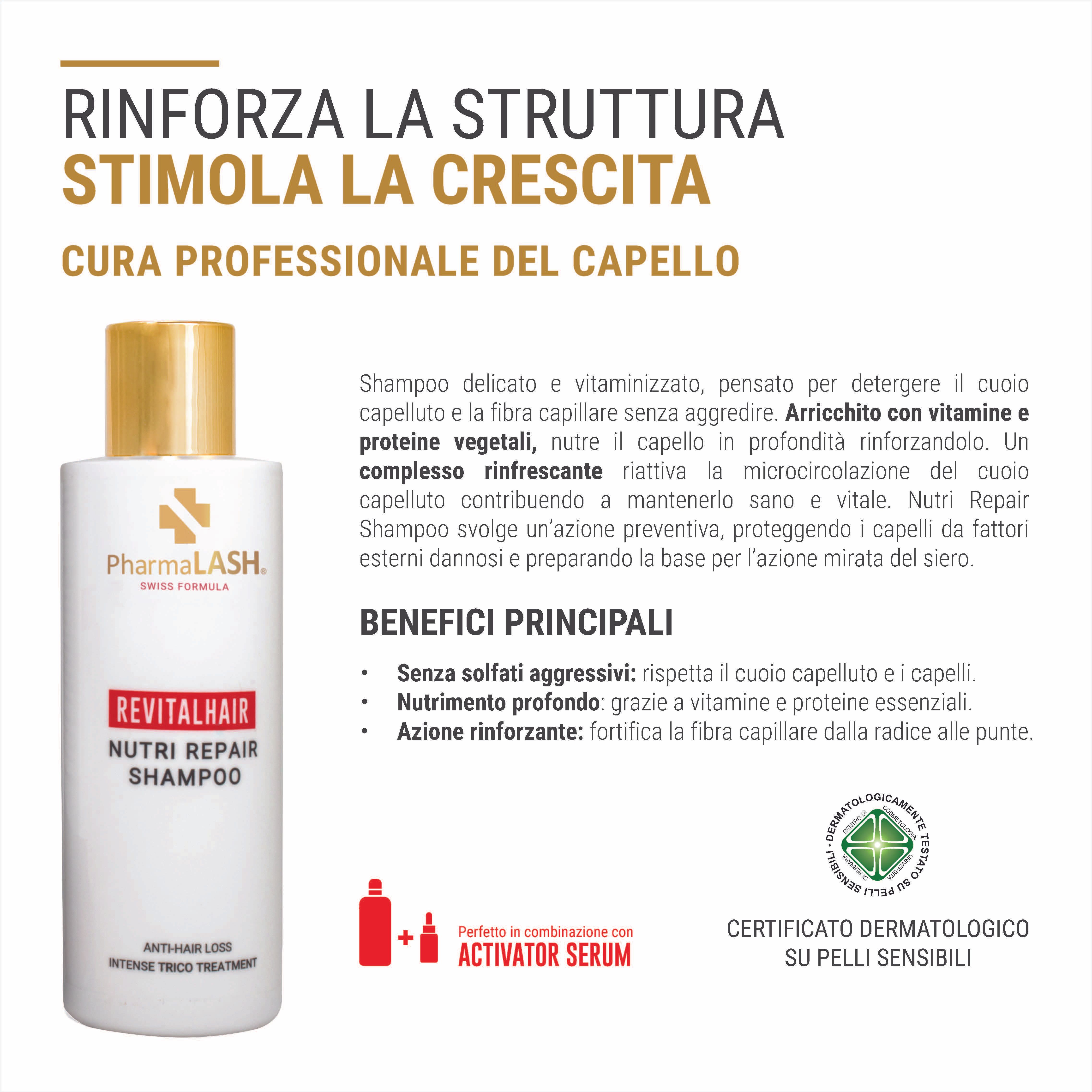 Flacone di shampoo bianco con tappo dorato. Scritta rossa: REVITALHAIR Nutri Repair Shampoo. Logo e testo PharmaLASH.