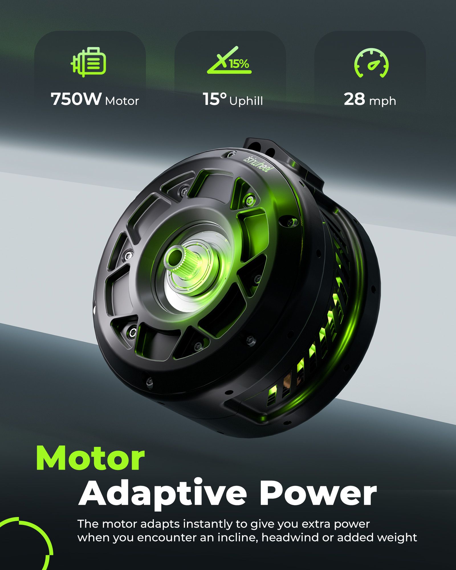 Primo piano del motore di una e-bike. Testo: 750W Motor, 15° Uphill, 28 mph. Adaptive Power.