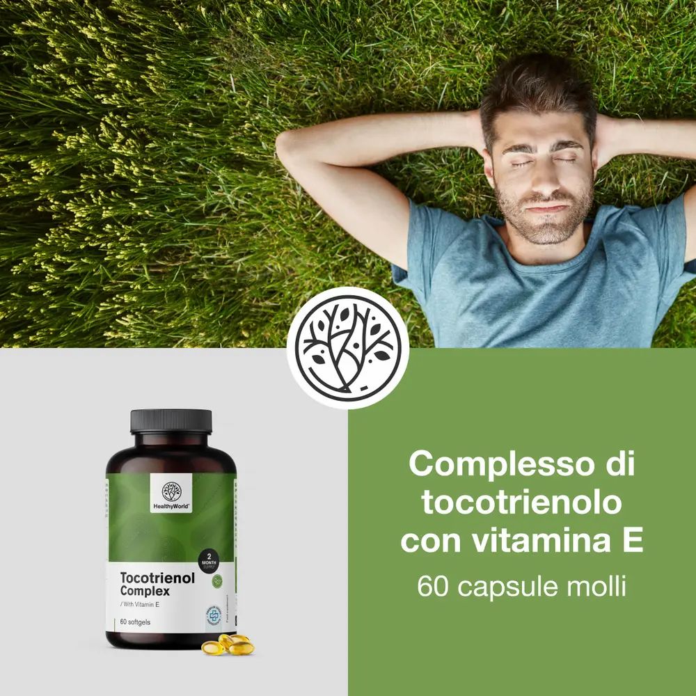 Uomo sdraiato sull'erba, accanto a una bottiglia di Tocotrienol Complex e al logo HealthyWorld.