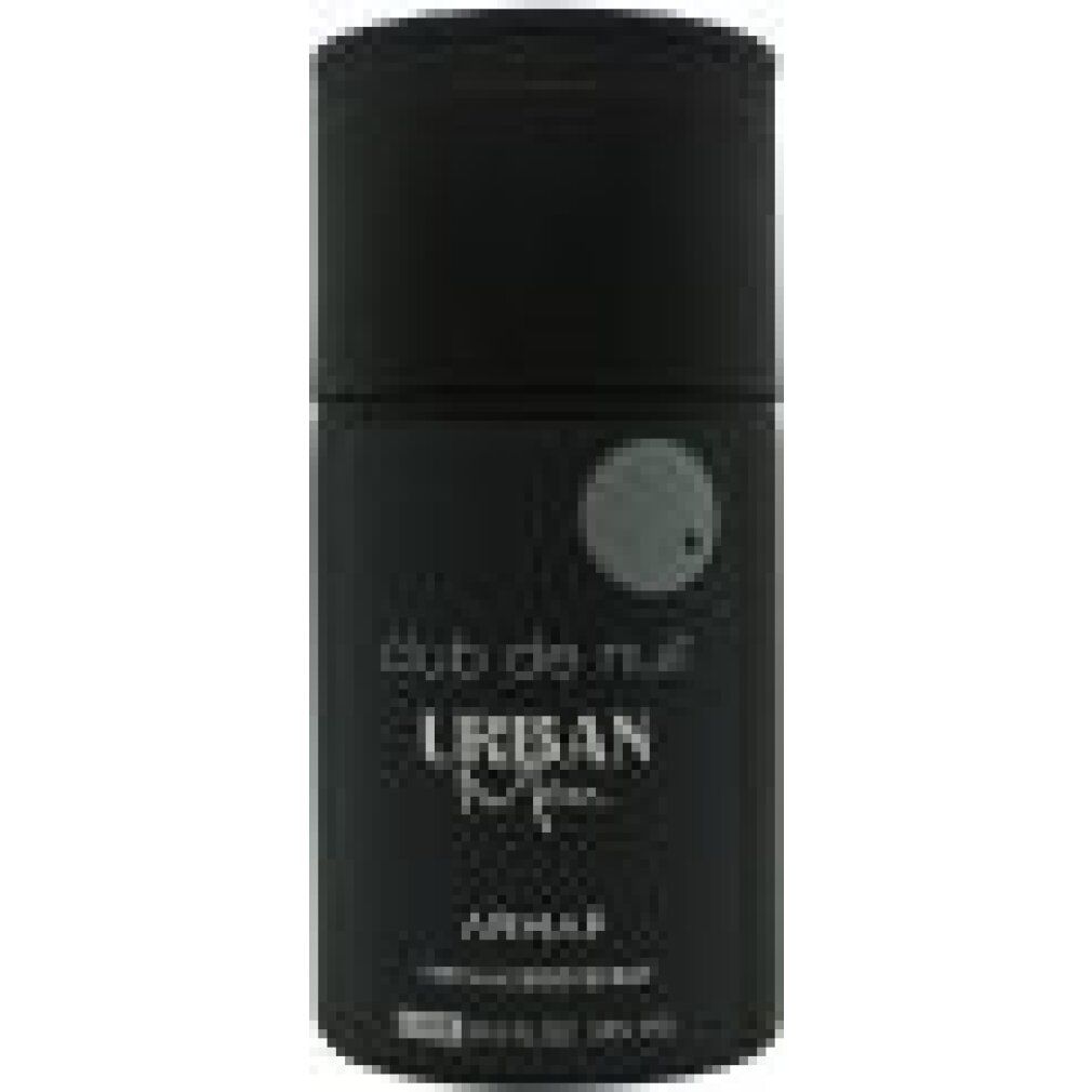 Flacone spray nero con tappo. Scritta: Club de Nuit Urban, Armaf. Cerchio grigio. Testo sotto.