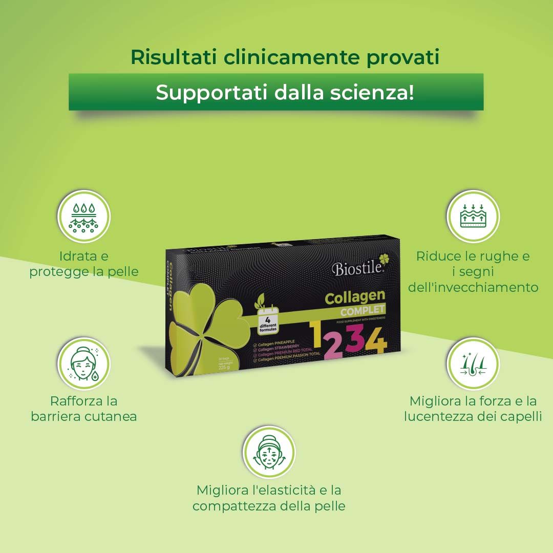 Confezione Biostile Collagen Komplett con testo e icone, sfondo verde.