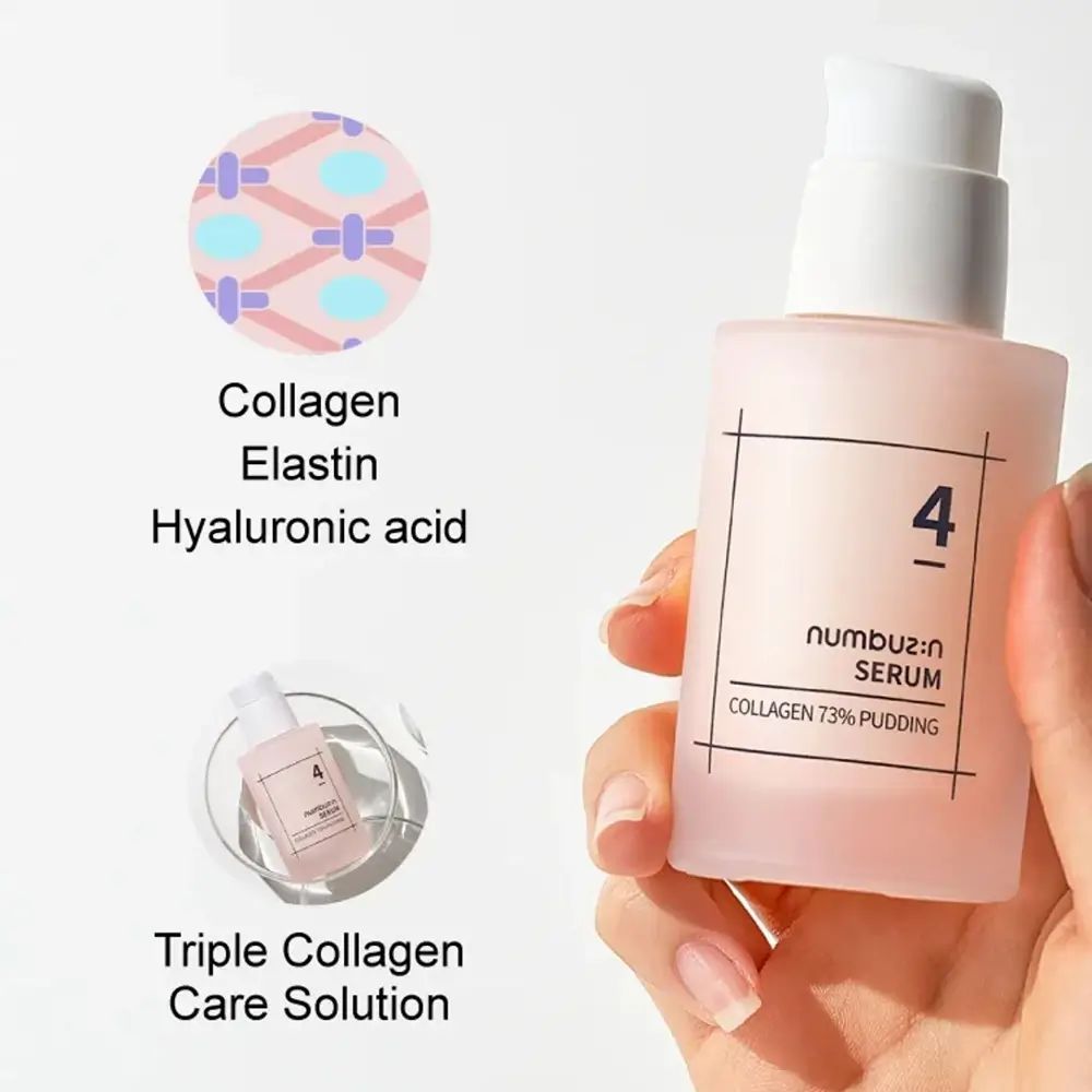 Flacone di siero rosa con dosatore bianco. Scritta: 4, Numbuz:n Serum, Collagen 73% Pudding. Grafici e testo aggiuntivi.