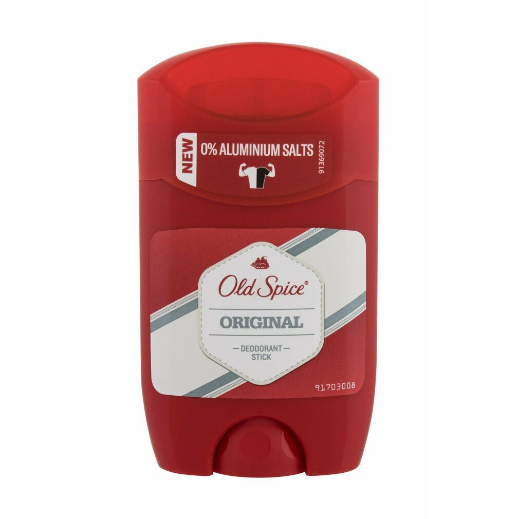 Stick deodorante rosso con etichetta bianca. Scritta: Old Spice Original, Deodorant Stick. Sopra: 0% sali di alluminio.