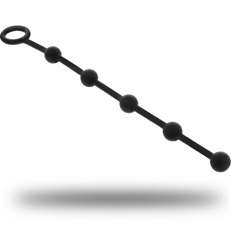 Catena anale nera in silicone con cinque sfere e un anello di presa.
