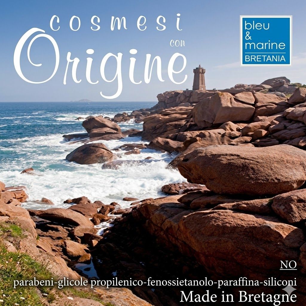 Paesaggio con rocce, mare e faro. Testo: cosmesi con Origine. Logo: bleu & marine Bretania.