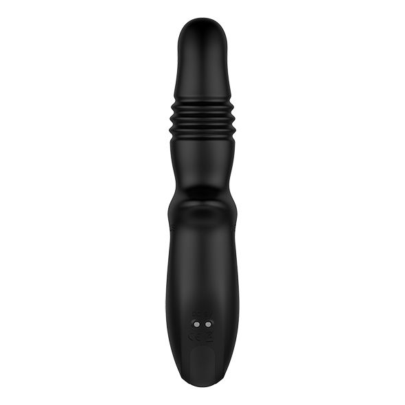 Prodotto benessere nero. Forma cilindrica con centro scanalato e punta arrotondata. Su sfondo bianco.