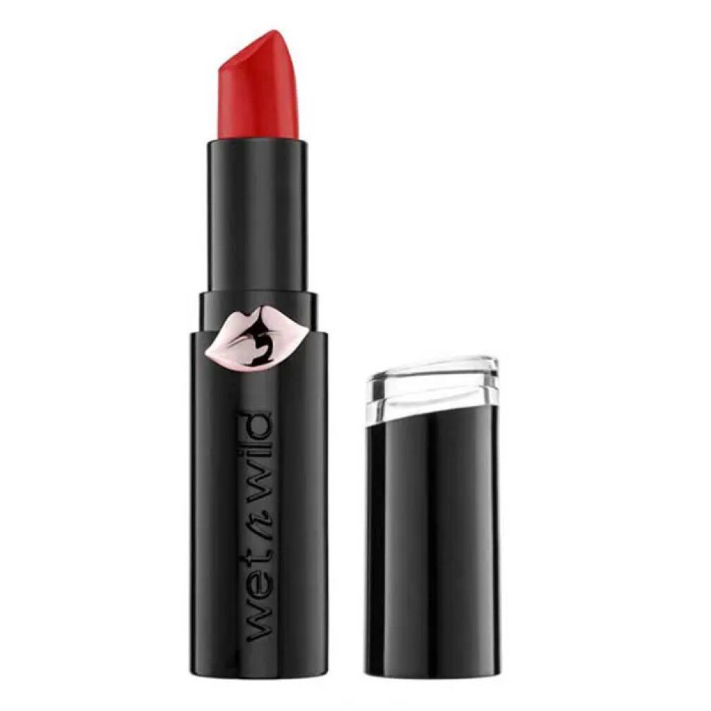 Rossetto rosso, astuccio nero, cappuccio aperto. Marchio: Wet n Wild. Rossetto con punta rossa.