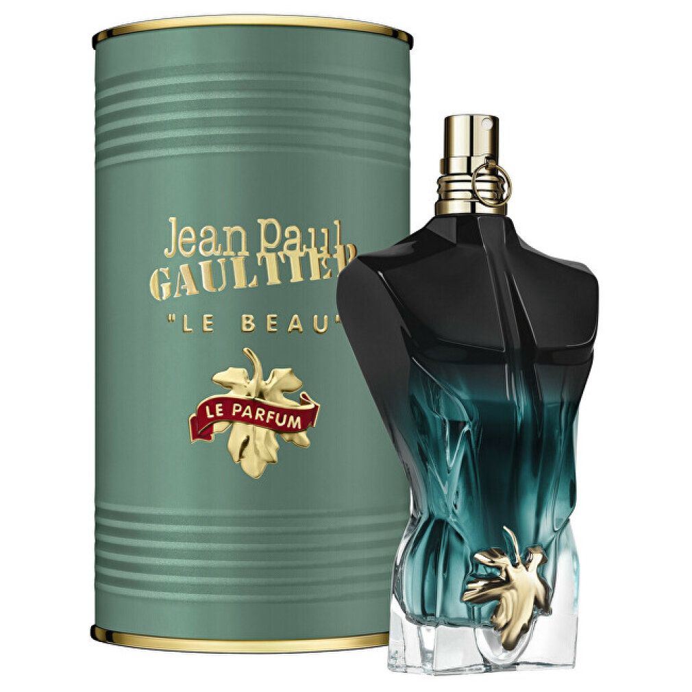 Flacone verde-blu a forma di torso e scatola. Scritta: Jean Paul Gaultier, Le Beau, Le Parfum.