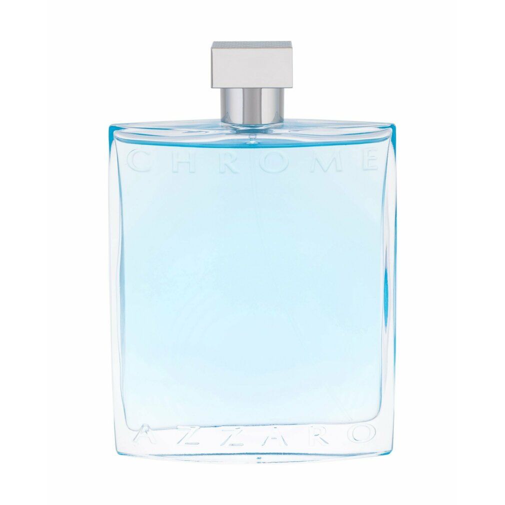 Flacone rettangolare con liquido azzurro. Tappo argentato. Scritte "CHROME" e "AZZARO" sul vetro.