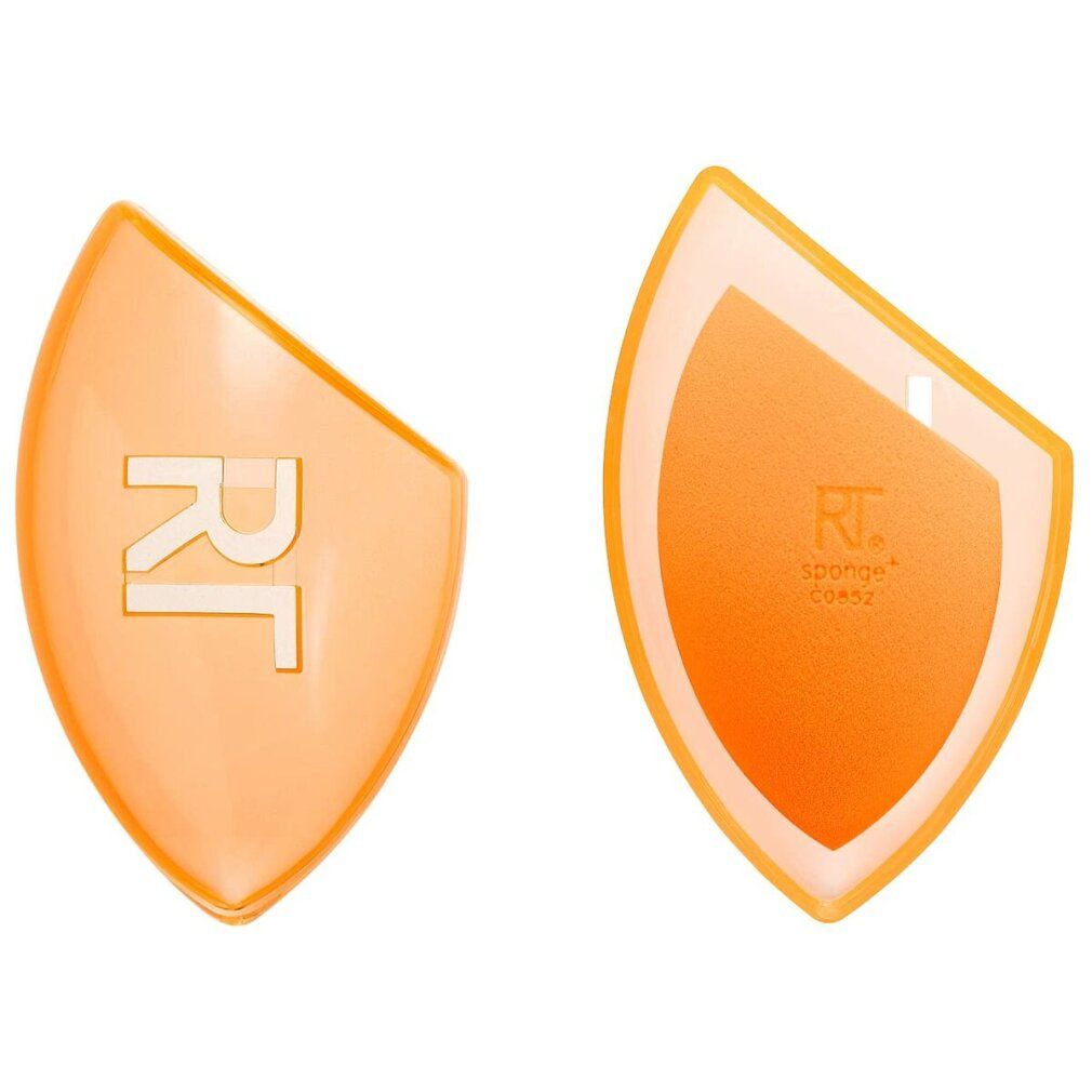 Due spugne per trucco arancioni in un astuccio trasparente. Sull'astuccio è visibile il logo "RT".
