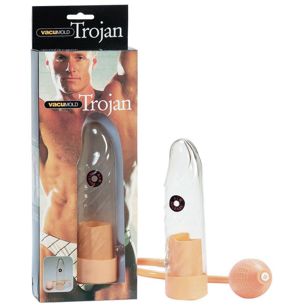 Pompa per pene "Trojan" in confezione. Corpo trasparente, base e pompa arancioni. Uomo sulla confezione.