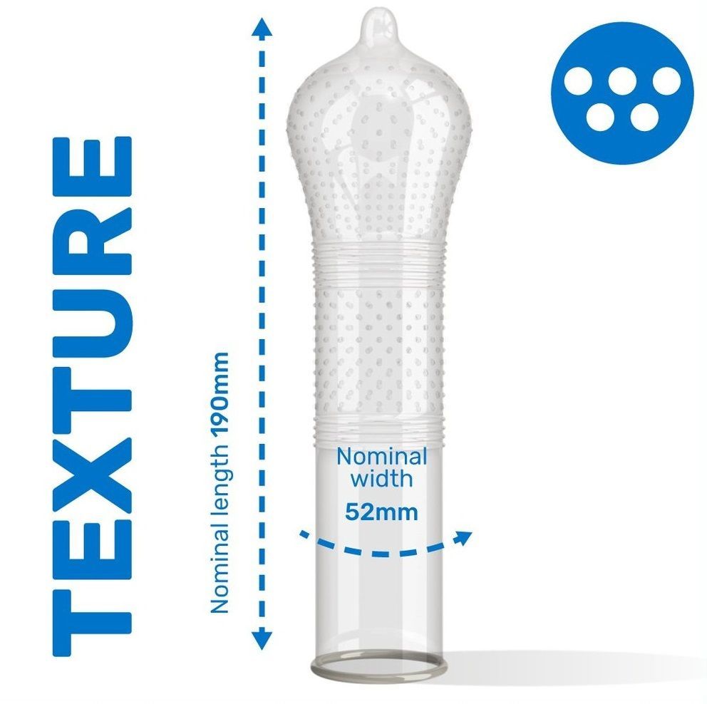 Preservativo con rilievi e punti. Lunghezza 190mm, larghezza 52mm. Grafica blu con indicazione texture.
