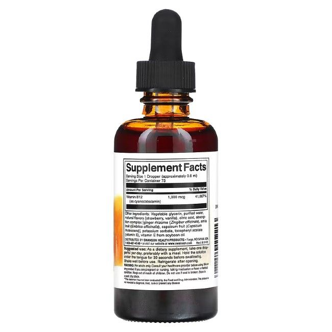 Retro di un flacone in vetro marrone con contagocce, mostra Supplement Facts per SWANSON B12 Cianocobalamina Fragola Liquido.