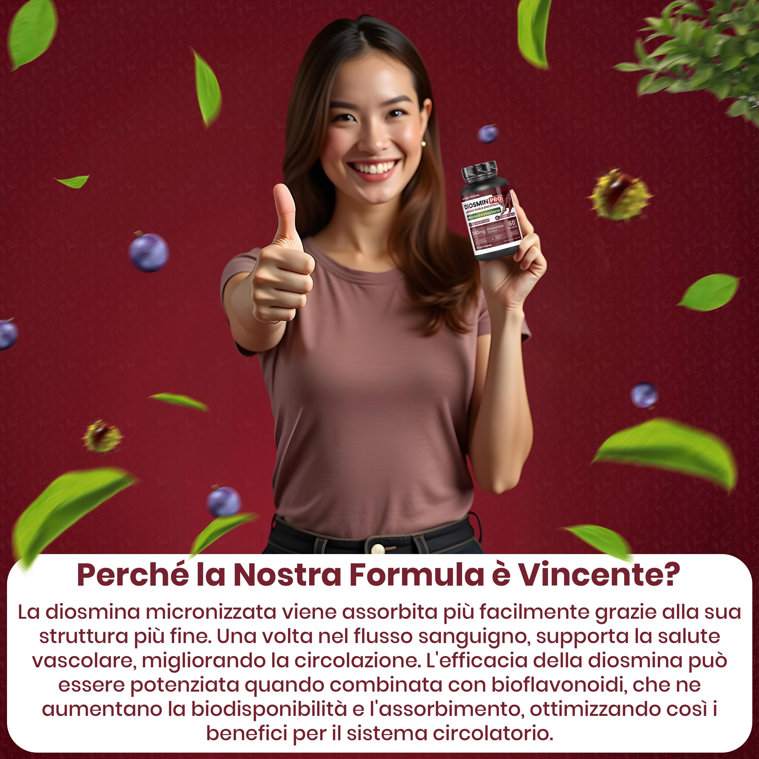 Vitastrong Diosmin PRO. Donna con pollice in su. Flacone di compresse. Testo: Perché la Nostra Formula è Vincente?