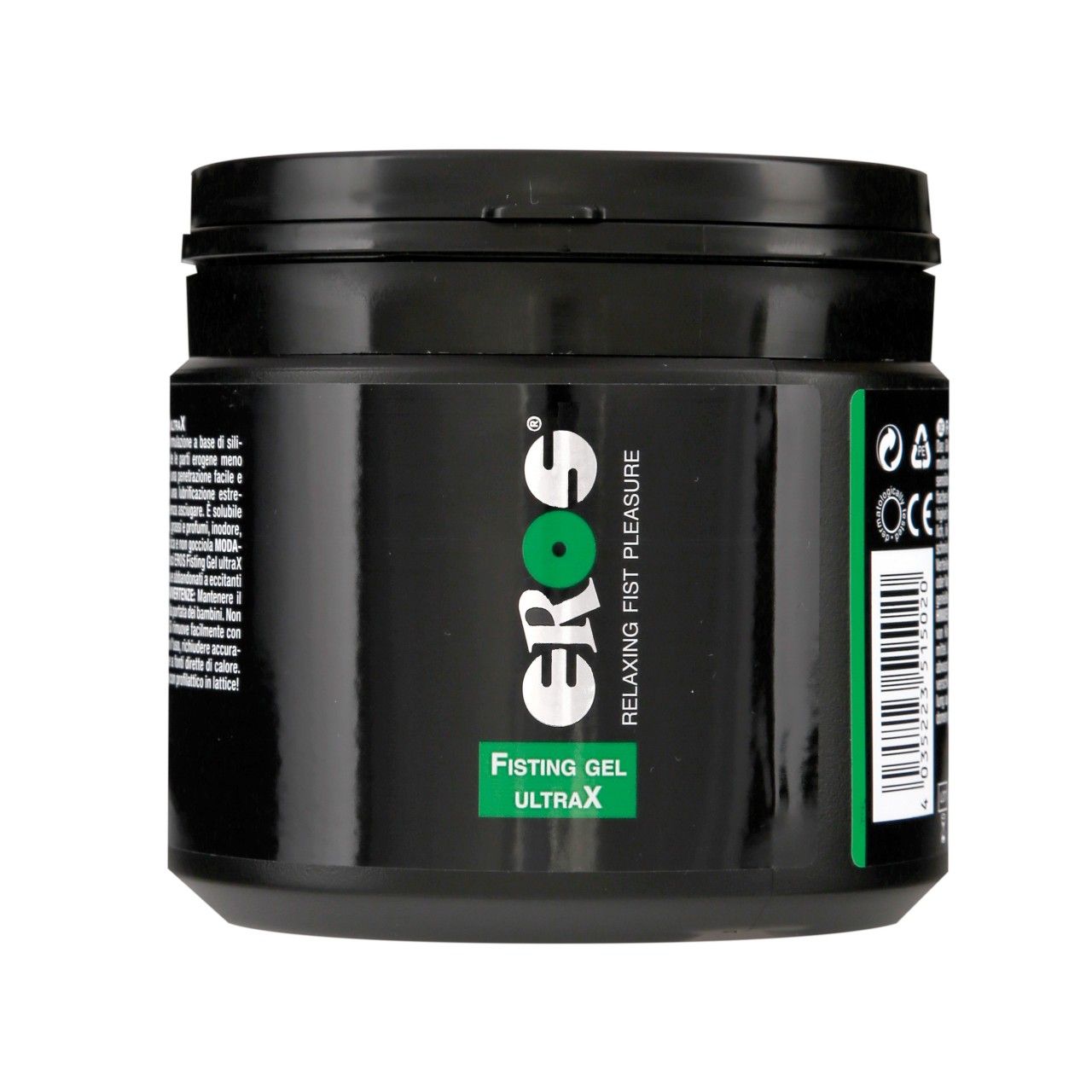 Contenitore nero con scritta EROS Ultra X Fisting Gel e marchio CE.