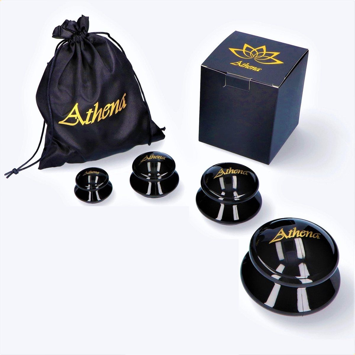 Set nero di coppette massaggianti, sacchetto e scatola. Coppette con logo.