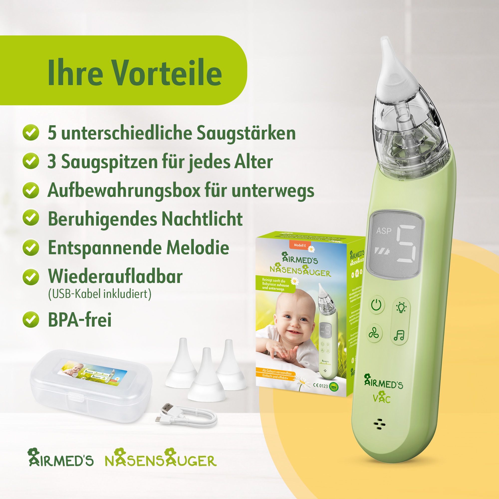 Aspiratore nasale verde, ricaricabile, senza BPA. Con 3 punte, scatola di ricarica e luce notturna.
