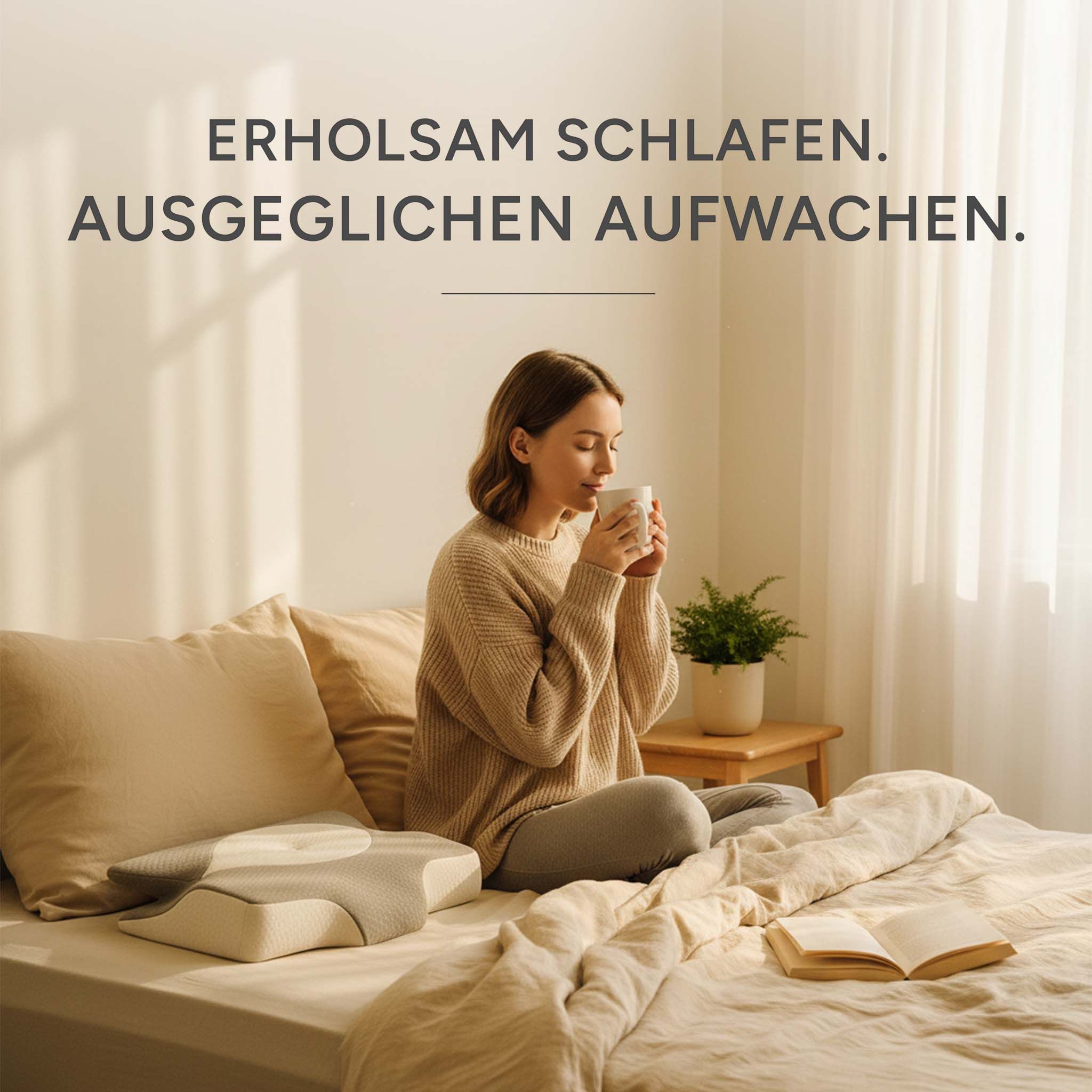 Donna seduta sul letto, beve. Cuscino ortopedico accanto a lei. Testo: 'Dormire riposati. Svegliarsi equilibrati.'