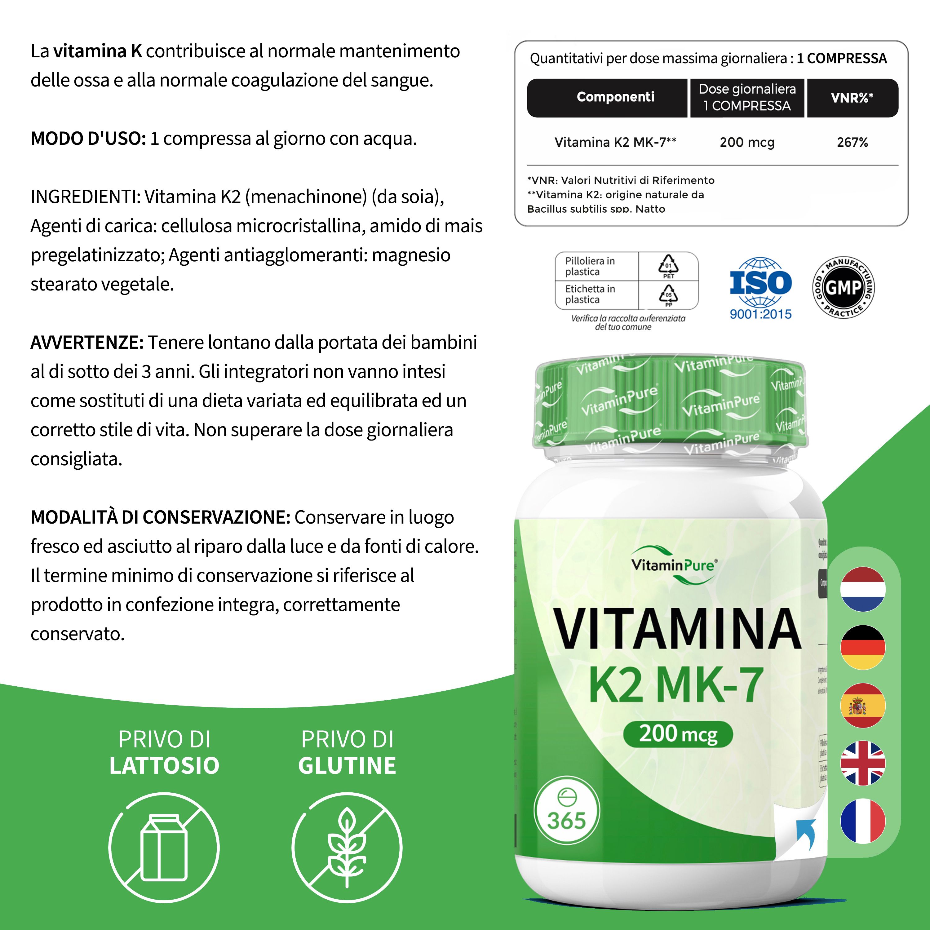 Flacone Vitamina K2 MK-7, 200 mcg. Informazioni su ingredienti, dosaggio e sigilli (ISO, GMP).