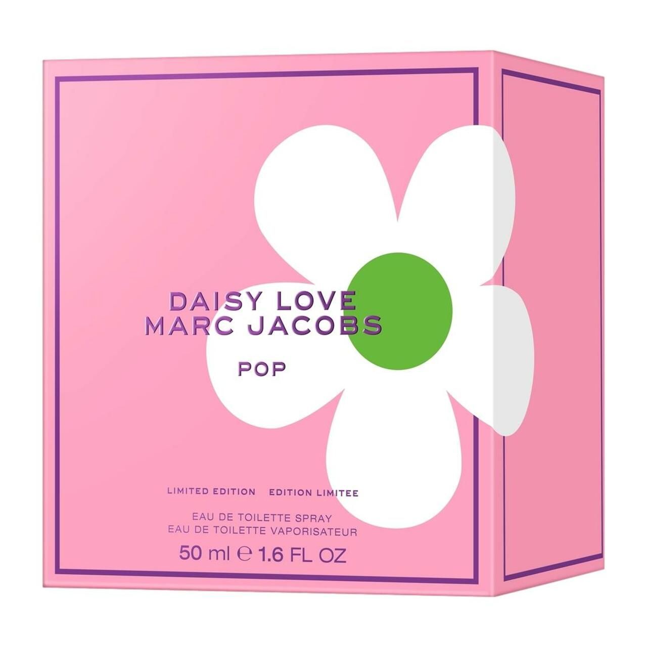 Confezione rosa con fiore bianco e centro verde. Scritta: Daisy Love Marc Jacobs Pop.