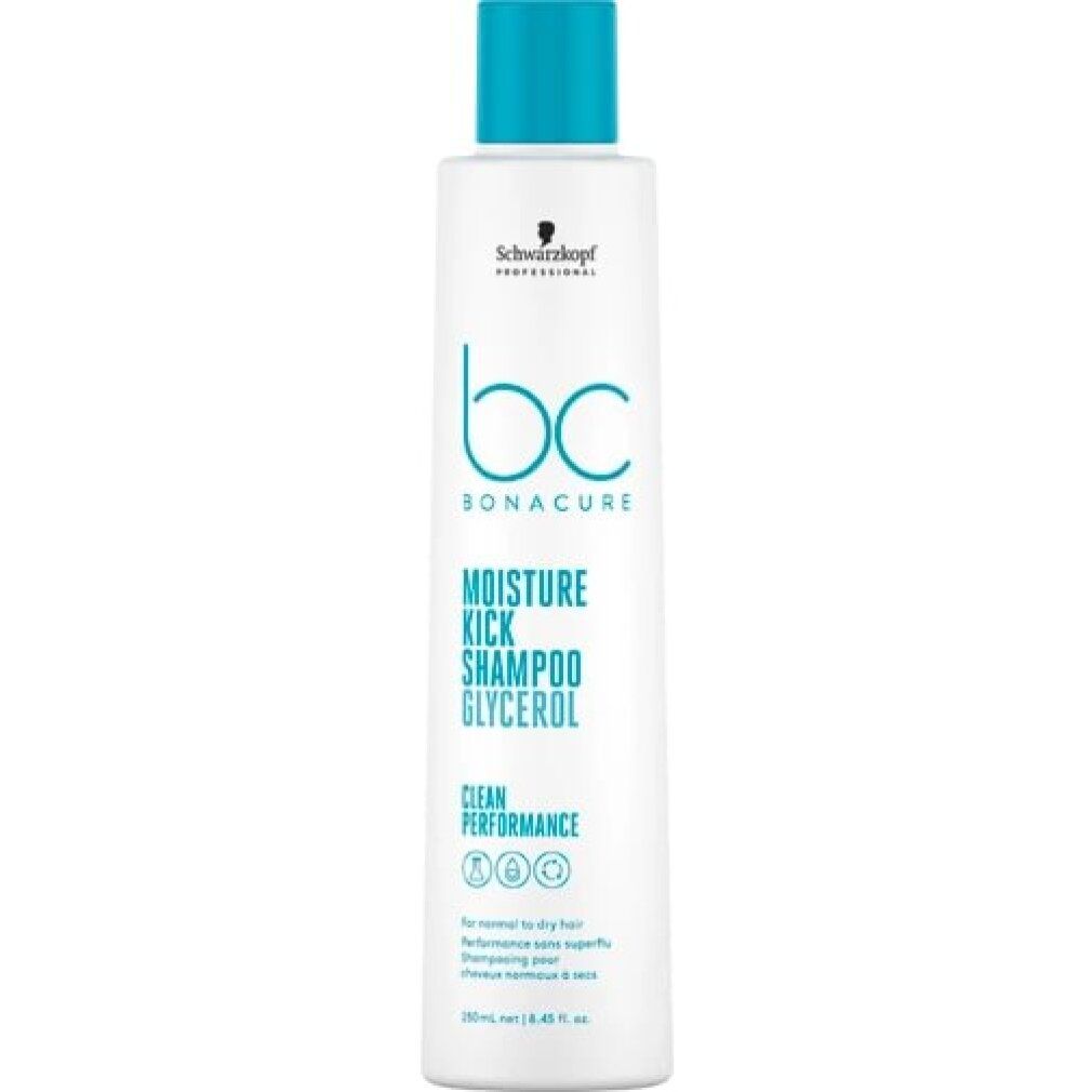 Flacone bianco con tappo blu. Scritta: Schwarzkopf Professional, bc Bonacure, Moisture Kick Shampoo Glycerol. 250ml.
