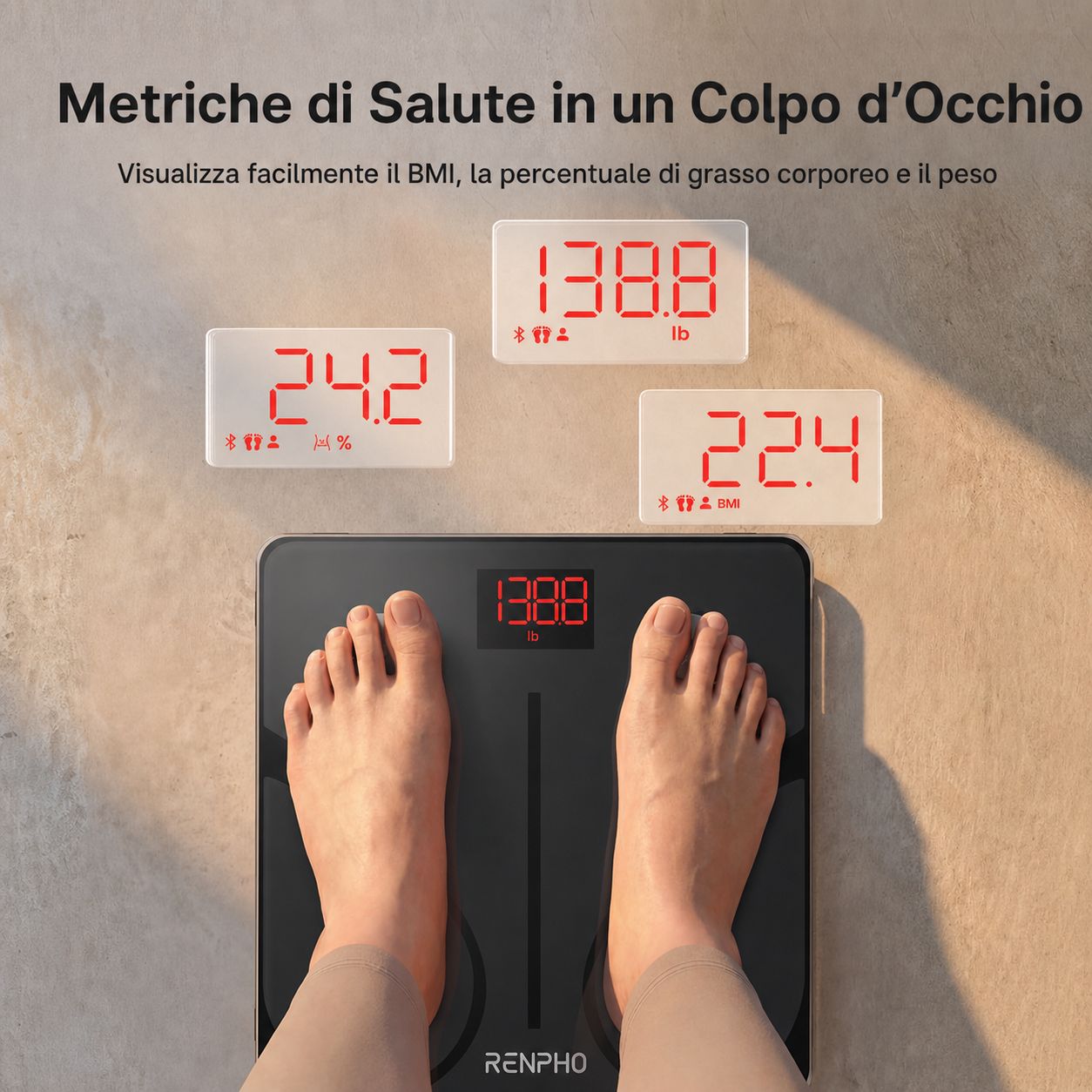 Bilancia con piedi. Mostra BMI, grasso corporeo e peso. Tre display digitali con misure. Bilancia nera.