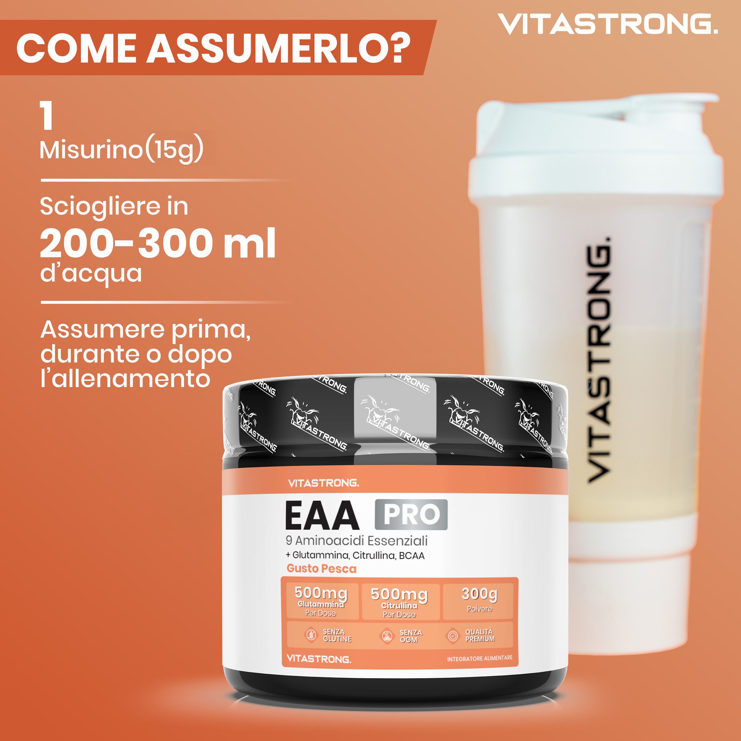 Vitastrong EAA Pro, barattolo. 9 aminoacidi, BCAA, glutammina. Gusto pesca. Shaker e testo.