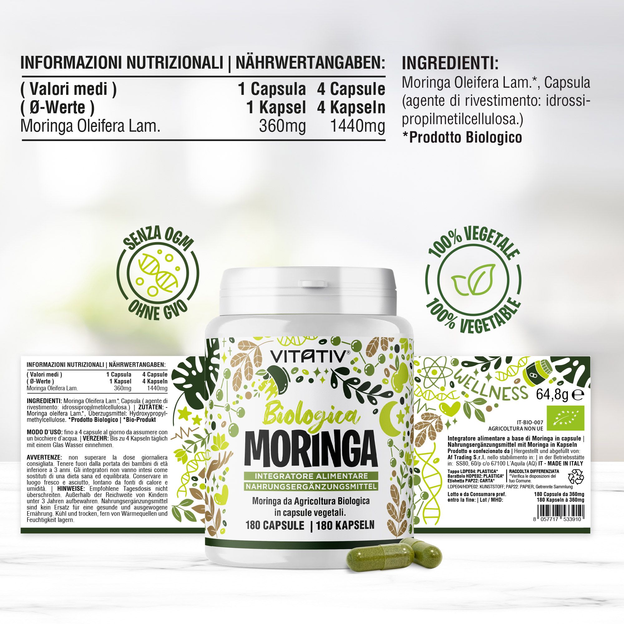 Vitativ Biologica Moringa Capsule: Contenitore bianco con etichetta verde, 180 capsule. Include sigillo "100% Vegetale".