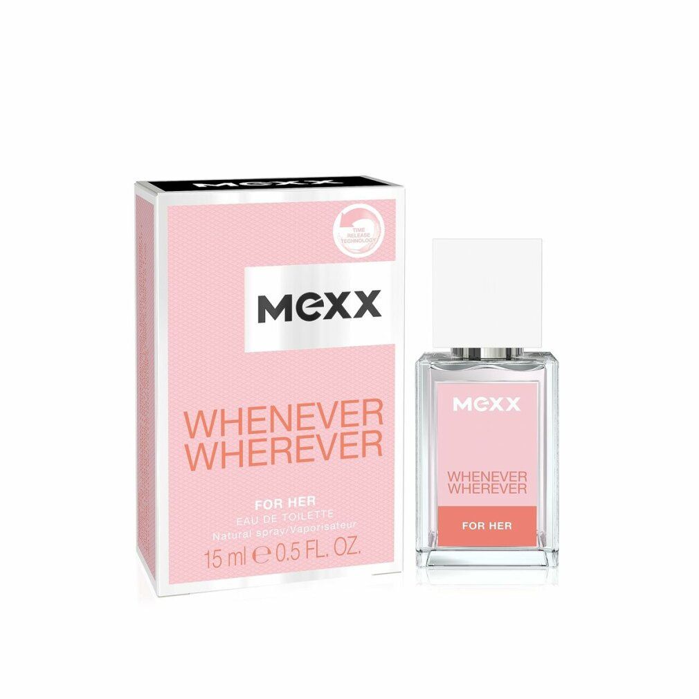 Flacone di profumo e confezione. Scritte: Mexx, Whenever Wherever, For Her. Flacone: rettangolare, tappo bianco.