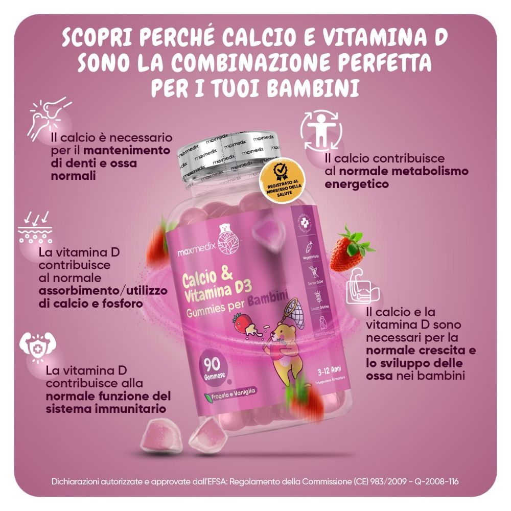 Testo: Scopri perché calcio e vitamina D sono la combinazione perfetta per i tuoi bambini. Flacone.