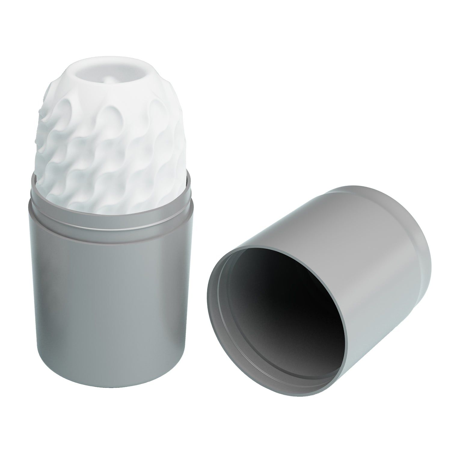 Prodotto bianco allungato con superficie ondulata in una lattina grigia con coperchio.