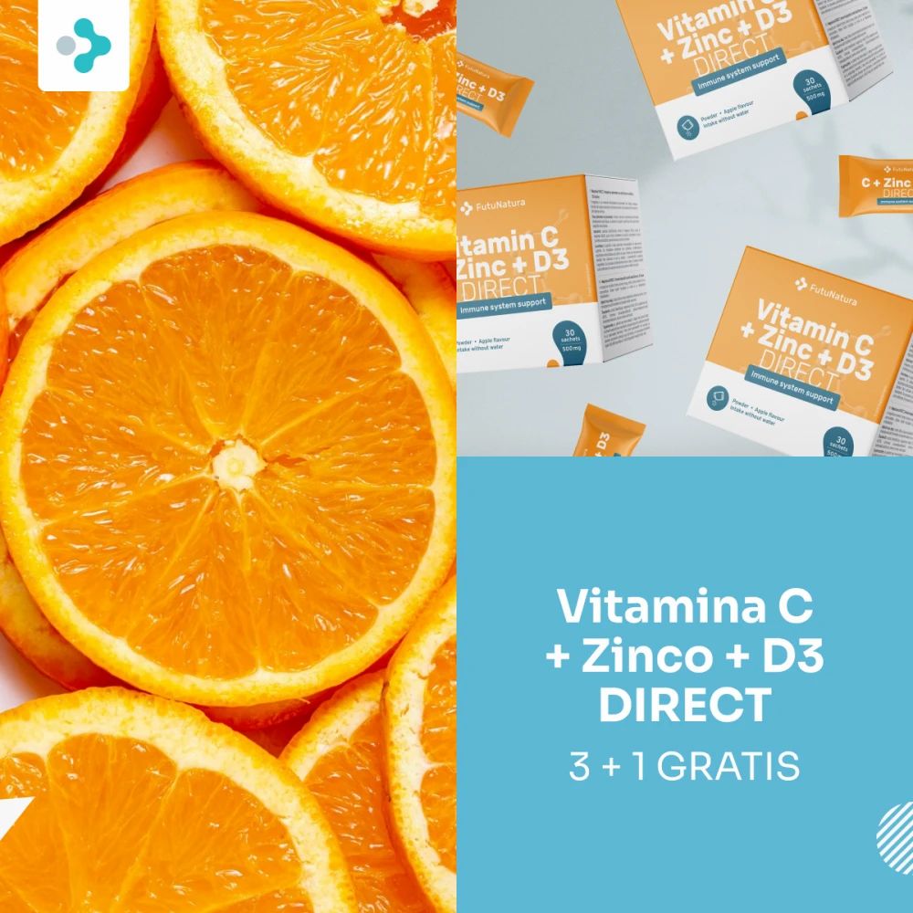 Fette d'arancia e confezioni con "Vitamina C + Zinco + Vitamina D3 DIRECT". Logo "FutuNatura". Offerta 3+1 gratis.